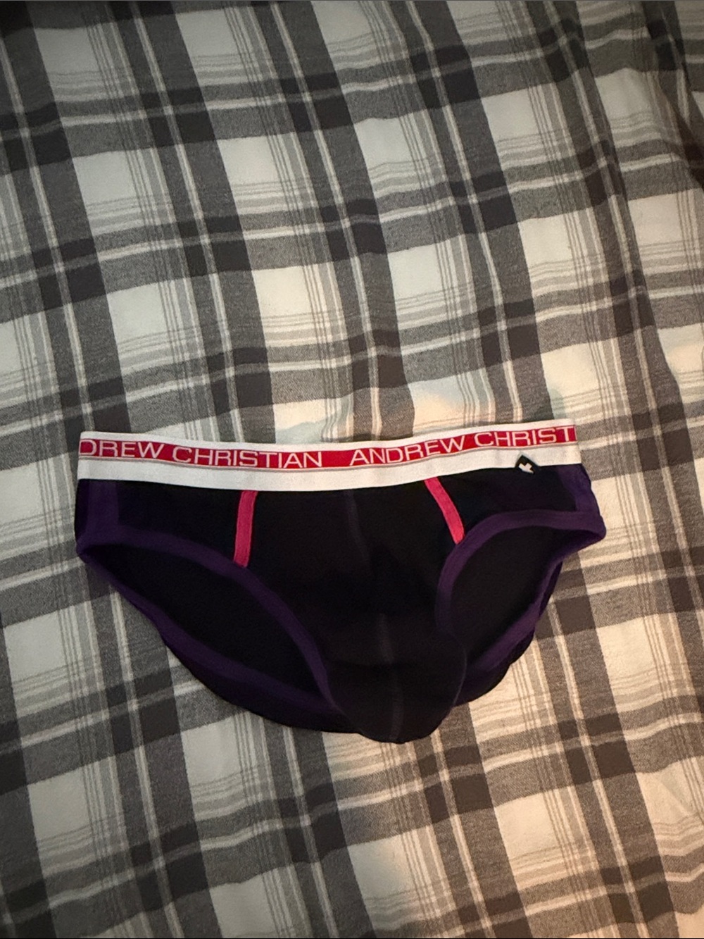 Retro Andrew Christian Black Briefs with Purple Trim and Pink Accents